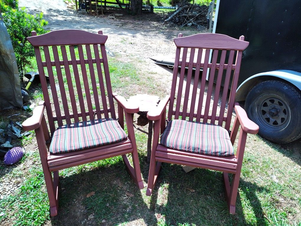 Pair Of Wooden Rocking Chairs And Table
