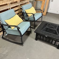 2 Person Outdoor Swing Chair with Cushions and Beautiful Fire Pit! Like New!