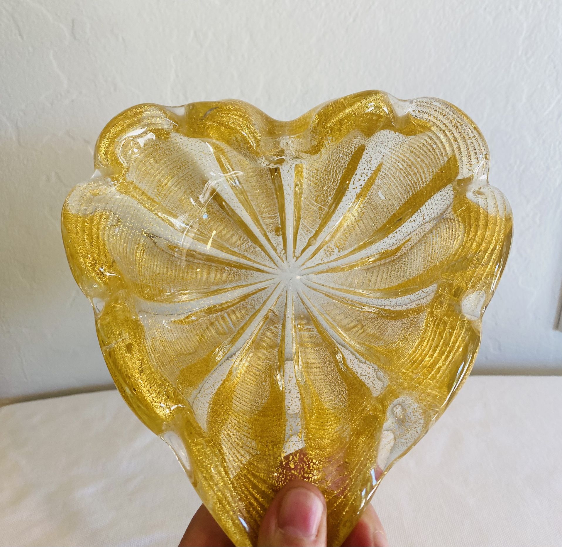 Barovier & Toso Murano Heart Bowl Cordonato D’ Oro Clear Gold Aventurine Vintage