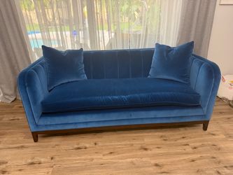 Blue Velvet Sofa with Wood Legs