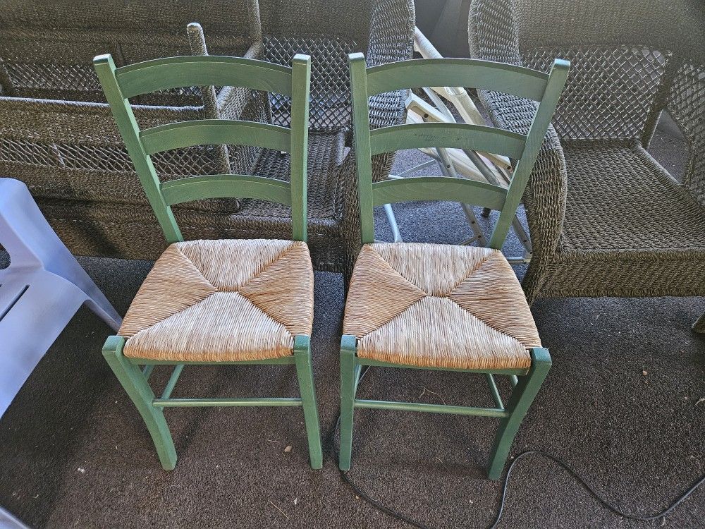 Pair Of Green Wicker/Rattan Kitchen Table Chairs