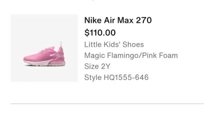Nike Air Max 270
$110.00

Little Kids' Shoes

Magic Flamingo/Pink Foam

Size 2Y

Style HQ1555-646
