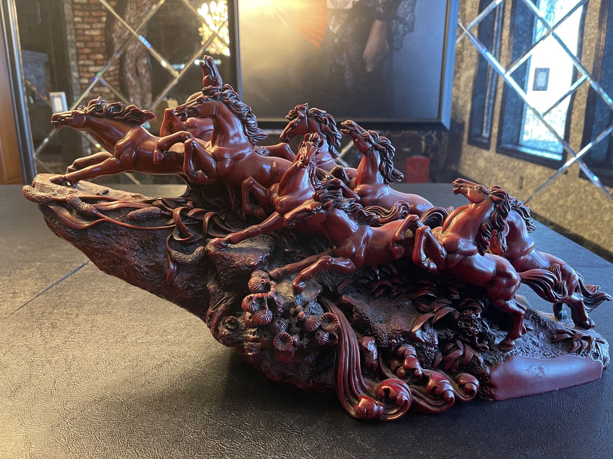 Nine Running Horses Red Resin Sculpture