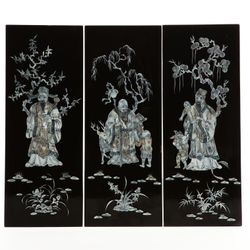 Three Chinese Lacquered And Shell Inlaid Panels