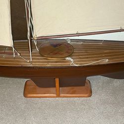 Large scale Pond yacht handcrafted from timber, cotton sails, stand