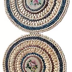 Vintage Set (2) Large 11.5" Woven Straw Trivets~ Round with Embroidered Flowers