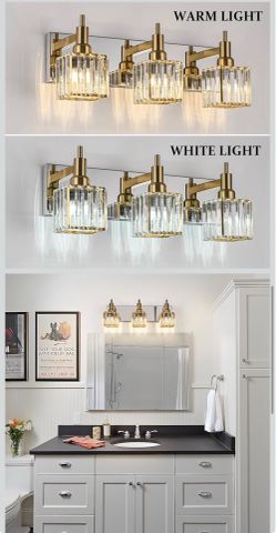 Lámpara de tocador de baño de cristal, cromada, dorada, 3 luces, accesorios de iluminación de baño modernos sobre espejo, aplique de pared cuadrado