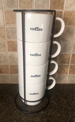 Stacking Coffee Mugs Set with Metal Rack