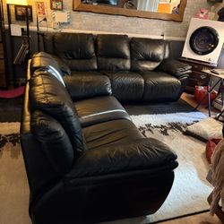 Genuine Leather Recliner Sofa Set, Black 