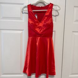 Adrianna Papell size 3/4 Red satin mini dress with V-neck and cross-back detail 