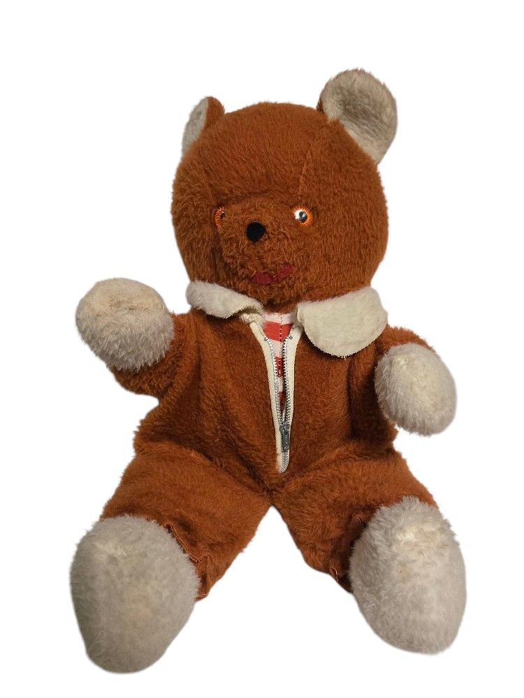 1950s vintage stuffed 18" plush teddy bear wearing zipper outfit