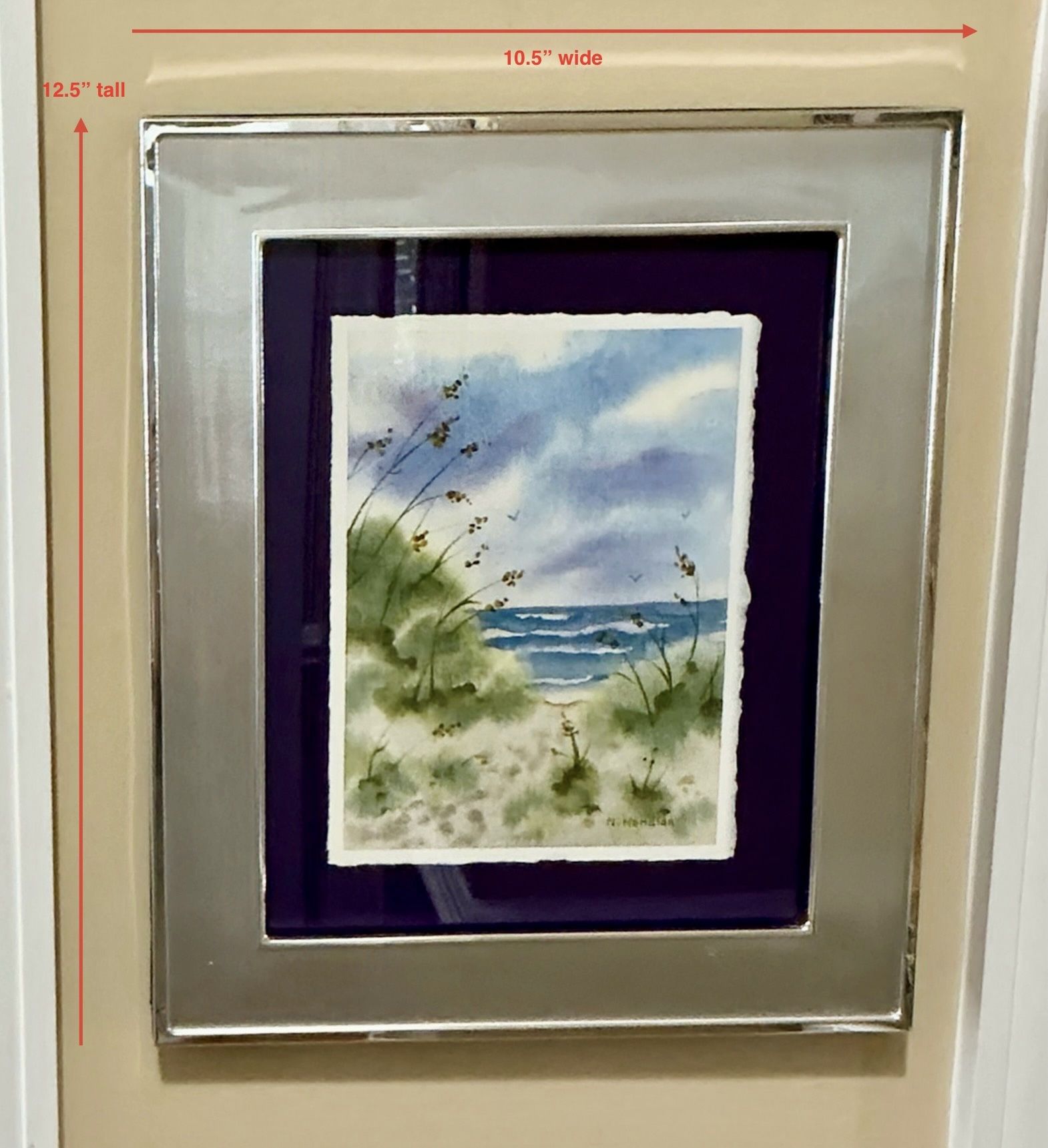 Silver Metal Framed & Purple Matted Nancy Handlan Coastal Watercolor Print 