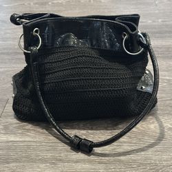 Black Hobo Style Bag Crocheted , Patent Leather Accent’s 14”x 11” Height Of Bag 10” 