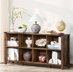 8 Cube Book Shelf, Farmhouse Wood Long Storage Organizer Bookcase, 62" Horizontal Brown Walnut Console Closet Bookshelf, Hallway TV Stand for Entryway