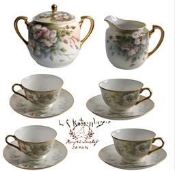 1950s Royal Sealy Japan 11pc Tea Set Hand Painted Floral Gold L.S. Katsushige Si