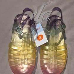 Cat & Jack Girls Glitter Jelly Sandals Buckle Flat Closed Toe Yellow Pink Purple. Size 3