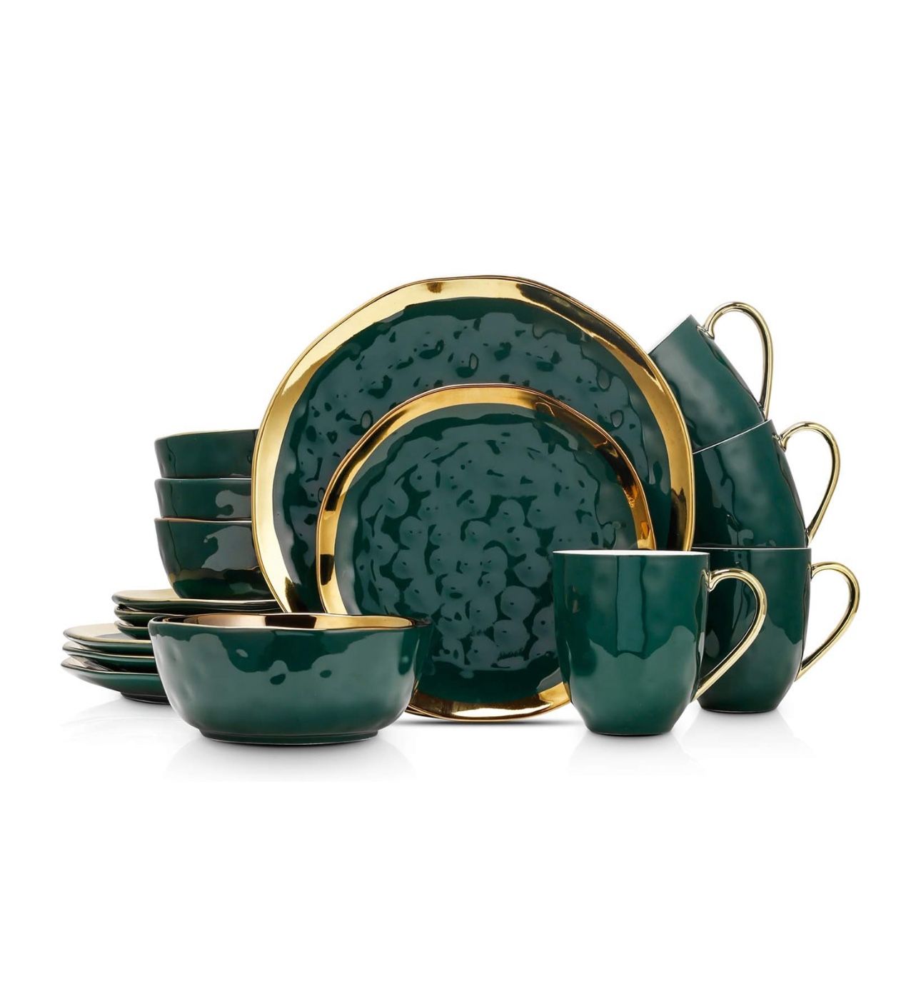 16 Piece Dinnerware Set, Plates and Bowls Set, Dish set for 4, Green and Golden Rim