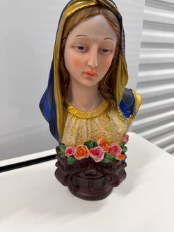Virgin Mary Bust Statue Religious Figurine Blue Veil Gold Detail with Roses