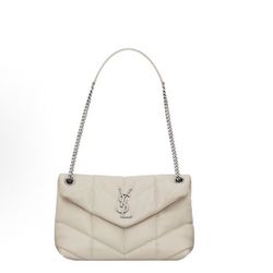 SAINT LAURENT LOULOUPUFFER Silver Logo Chain Quilted Lambskin Cloud Bag Pillow Bag Crossbody Shoulder Bag Women's White(15)62