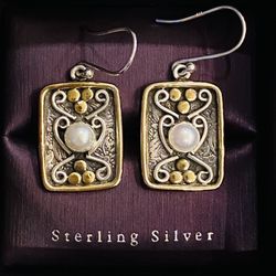 Solid 925 Sterling Silver 2.05cts Natural White Pearl Two Tone Earrings