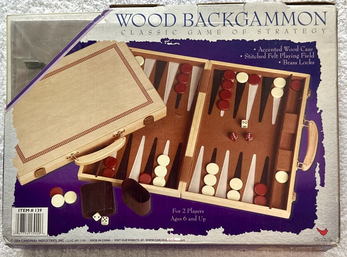 Wood Backgammon set, by Cardinal- with Accented Solid Wood Case-Stitched Felt and Brass Locks-Vintage 2004-New