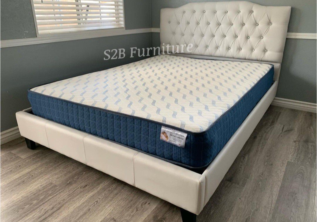 Full White Crystal Button Bed With Ortho Matres!