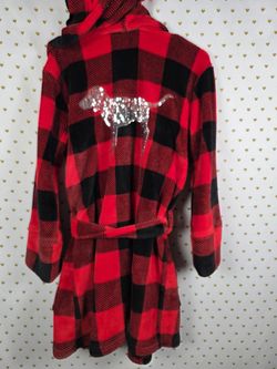 Victorias Secret PINK Buffalo Plaid BLING Warm Thick Bath Robe Sequined DOG XS S