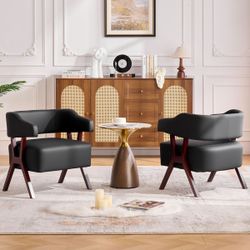 Faux Leather Barrel Accent Chair with Solid Wood Frame Mid-Century Modern, Wraparound Back, Reading, Living Room, Office, Bedroom, Dorm