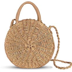 Handwoven Round Rattan Bag Women Straw Crossbody Bags Boho Shoulder Purse with Leather Strap (Large Straw Handbag)