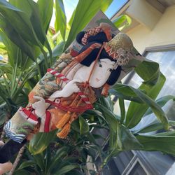 Vintage Japanese Collectible Wooden Geisha Wooden Paddle Fan With Hand Painted Cherry Blossoms