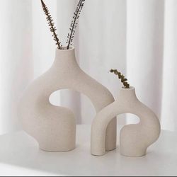 2 Set Abstract White Ceramic Vase, Nordic Minimal Unique Classy Vase,Luxury Trendy Modern Flower