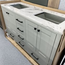 Bathroom vanity cabinet 60” full mango Quartz top with sinks And Backsplash