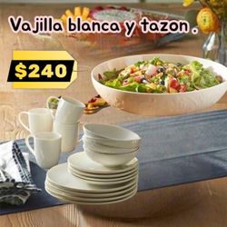 Vajilla Blanca Y Tazón Para Ensalada .