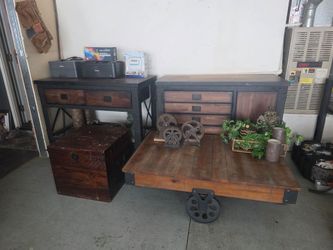 High end industrial work bench tables and couch Chesterfield tufted sofa and loveseat
