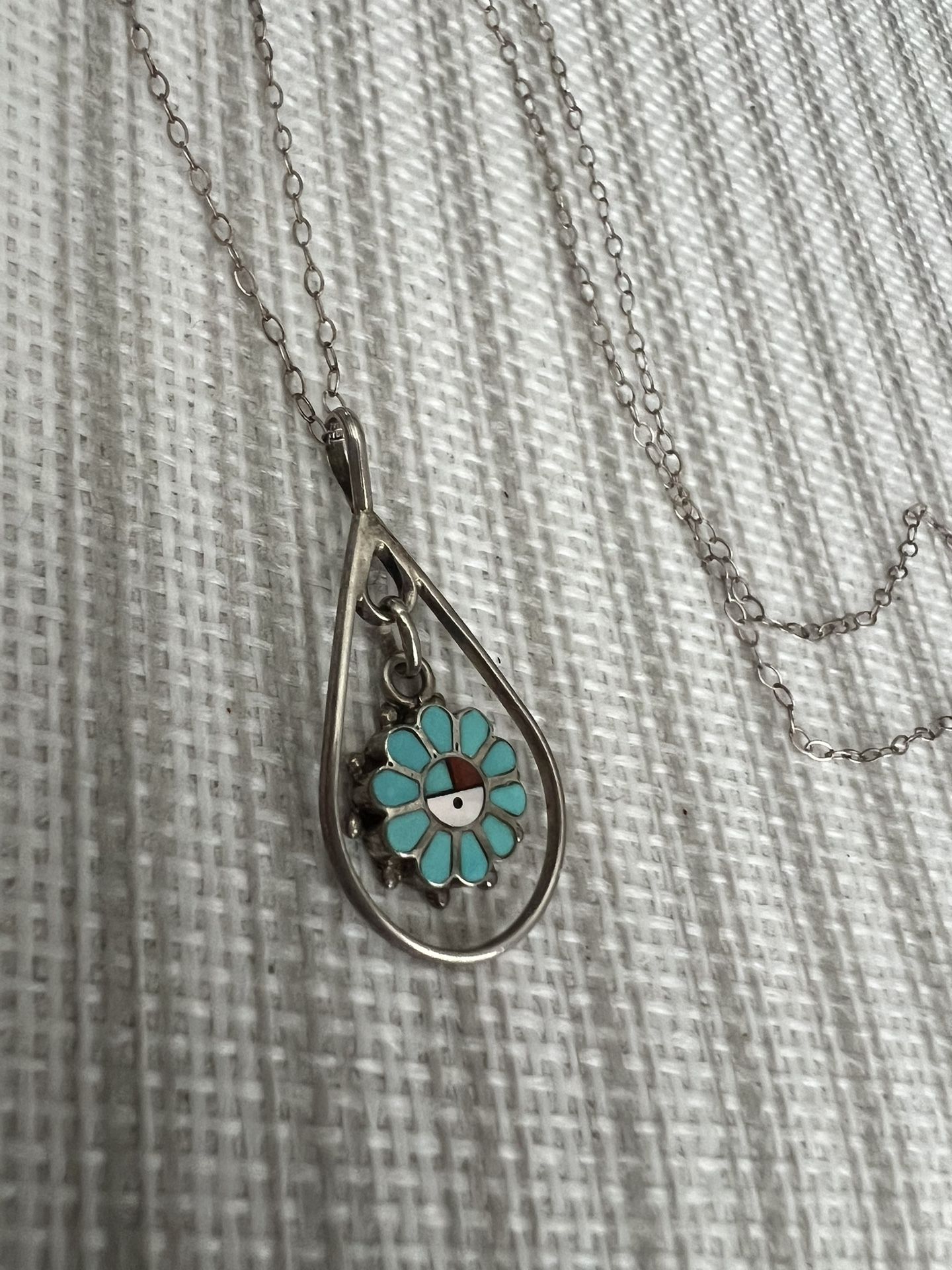 Vintage Zuni Turquoise Inlay Necklace – Sterling Silver Teardrop Pendant