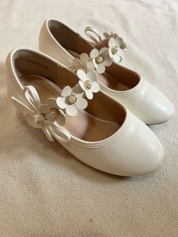 Girls Cream Mary Jane Flats with Flower Detail