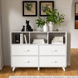 White Dresser for Bedroom, 4 Drawers Chest with 3 Open Shelves, Wide Dresser Drawer Organizers for Kids Bedroom, Mid-Century Modern Dresser for Bedroo