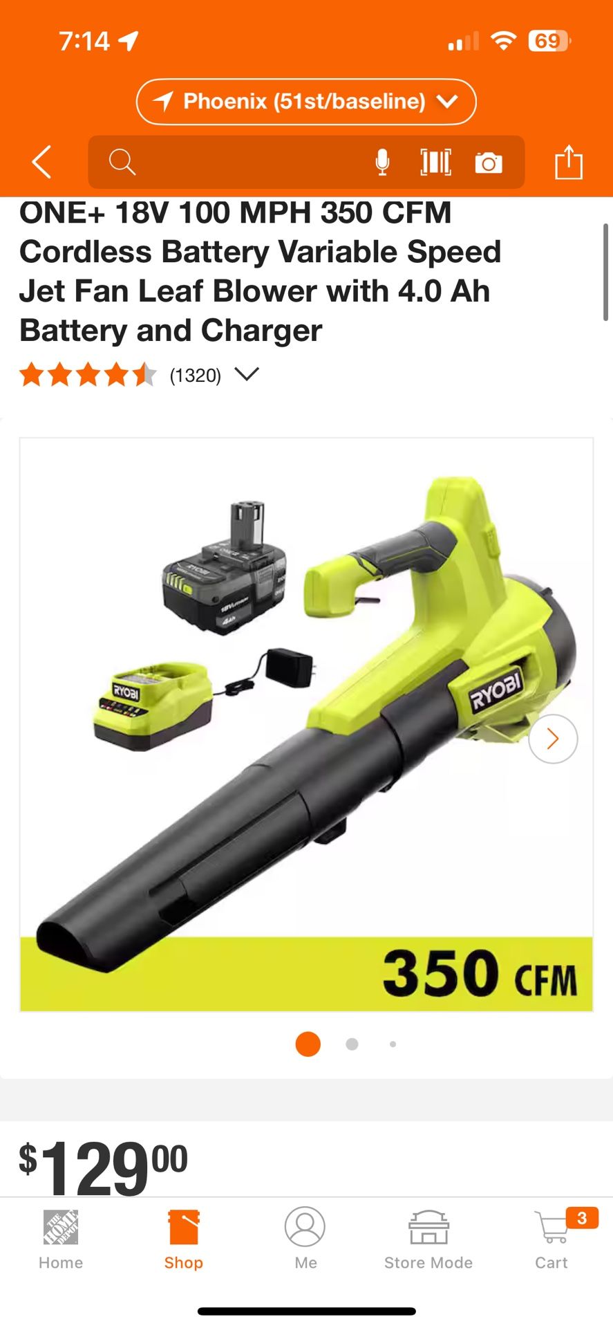 RYOBI ONE+ 18V 100 MPH 350 CFM Cordless Battery Variable Speed Jet Fan Leaf Blower with 4.0 Ah Battery and Charger