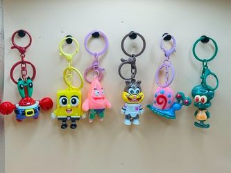 Cute New Set of 6 SpongeBob SquarePants Keychains & Backpack Clips