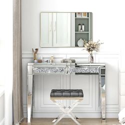 Mirrored Vanity Table Diamond Inlay 2 Drawer Silver Drawer 2 Drawers Bedroom Luxury, Modern Mirrored Finish Mirrored Mdf Glass, Mirror