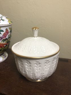 Signed White Porcelain Lenox Bowl with Lid