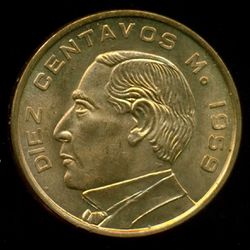 1959 Mexico 10 Centavos Uncirculated coin Benito Juárez, Bronze.