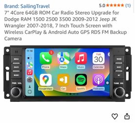 7" 4Core 64GB ROM Car Radio Stereo Upgrade for Dodge RAM 1 3-2012 Jeep JK Wrangler 2007-2018, 7 Inch Touch Screen with Wireless CarPla