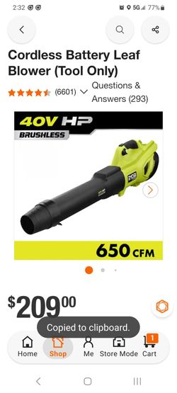 Ryobi 40v HP 650CFM BLOWER. T/O