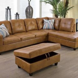 Carmel Leather Sectional Couch And Storage Ottoman