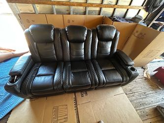 Black Leather Reclining Sofa with Cup Holders