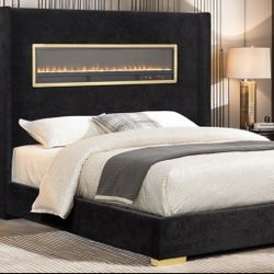 NEW BLACK QUEEN BED FRAME W/FIREPLACE SIMULATOR (AVAILABLE IN EASTERN KING)