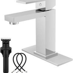 Midanya Bathroom Faucets 1 Hole, Single Handle Stainless Steel Bathroom Sink Faucet, Modern Vanity Faucets with Deck Plate,Water Supply Hoses and Pop 