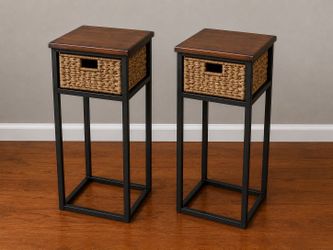 Set of 2 Tall End Tables with Basket Storage