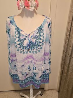 Women's Bohemian Floral Print Blouse - Blue and Purple